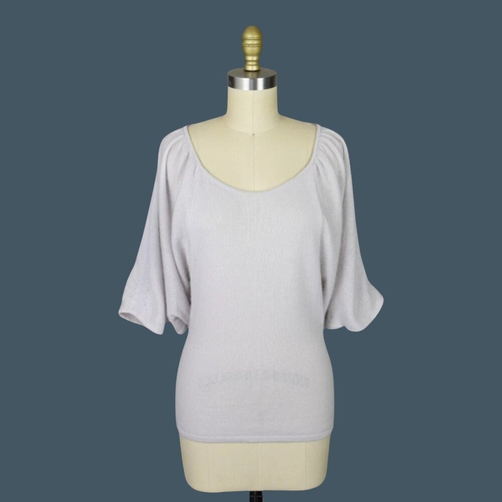AMO & BRETTI 100% CASHMERE LANTERN SLEEVE TAUPE-BEIGE SWEATER